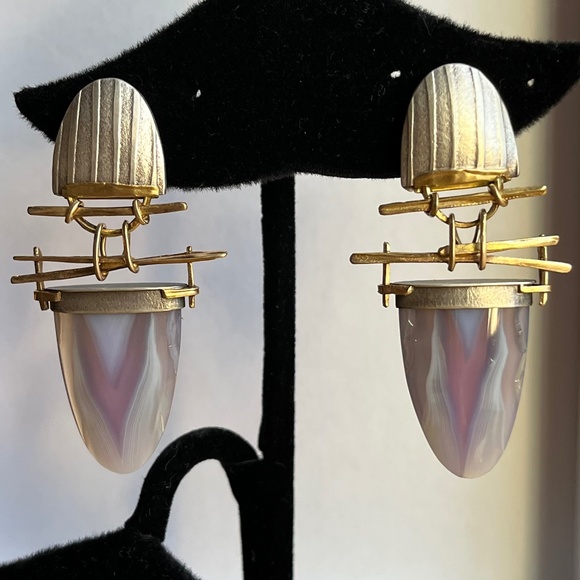 Carolyn Morris Bach Earrings Sterling Silver 18K gold stone clip earring